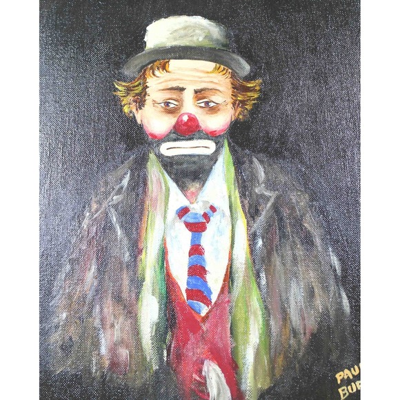 Lot of 2 Vintage 60's Paul Burke Signed Framed Oil Paintings Clown Emmett‎ Kelly - Picture 3 of 16
